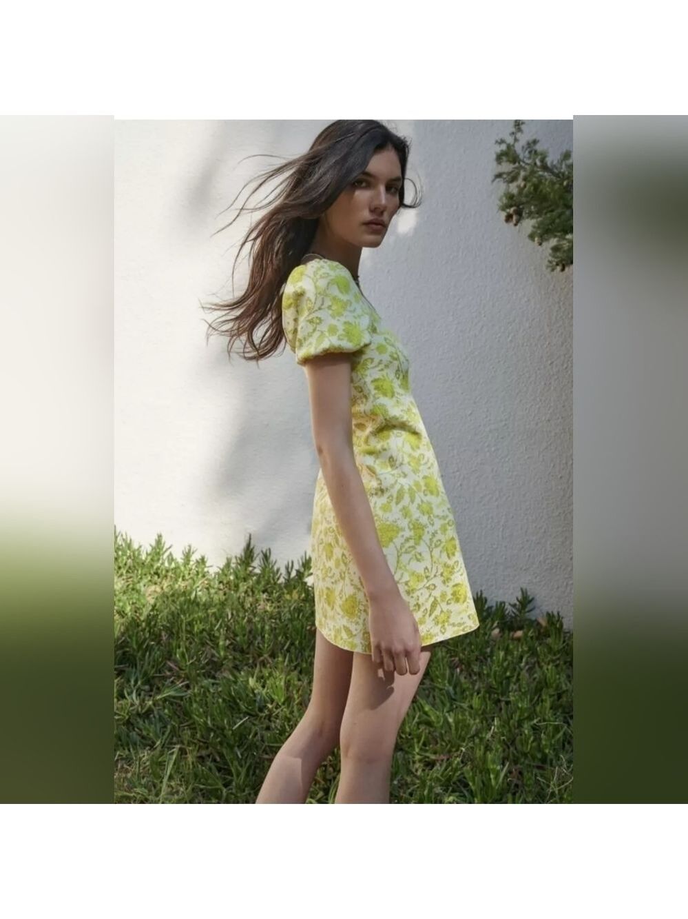ZARA Neon Green Lime Floral Leaf Jacquard Knit Puff Sleeve Mini Dress A Line